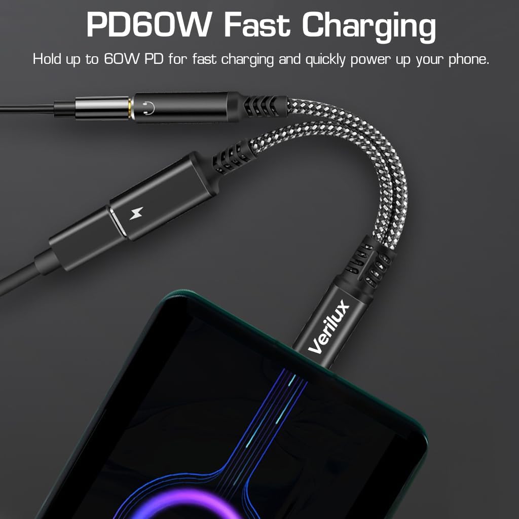 Verilux USB C to 3.5mm Jack Audio Adapter, 2 in 1 Type C to Aux Audio Jack with 60W PD Fast Charging, Game Sound Card Game Audio Adapter Compatible with Galaxy S22 S21 Ultra 5G S20 S20+ Plus Note 20 Verilux USB C to 3.5mm Jack Audio Adapter, 2 in 1 Type C to Aux Audio Jack with 60W PD Fast Charging, Game Sound Card Game Audio Adapter Compatible with Galaxy S22 S21 Ultra 5G S20 S20+ Plus Note 20